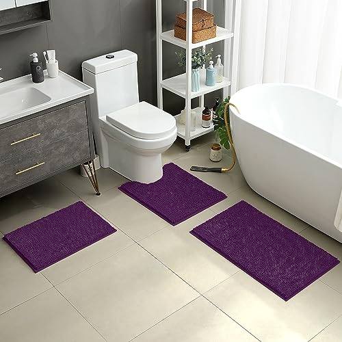 HOMEIDEAS 3 Pieces Bathroom Rugs, Ultra Soft Non Slip Absorbent Chenille Toilet Bath Mat Set (Purple) - Image 2