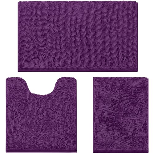 HOMEIDEAS 3 Pieces Bathroom Rugs, Ultra Soft Non Slip Absorbent Chenille Toilet Bath Mat Set (Purple) - Image 1