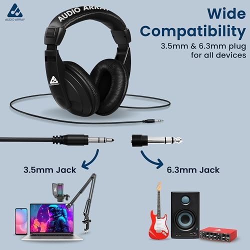 Audio Array AH-45-BK Studio Monitoring & Live Recording Headphones | 20-20KHz, 32 Ω, 100dB SPL | 40mm Depp Bass Closed-Back Driver | 3m OFC Cable | 3.5mm + 6.3mm Adapter (Black) - Image 5
