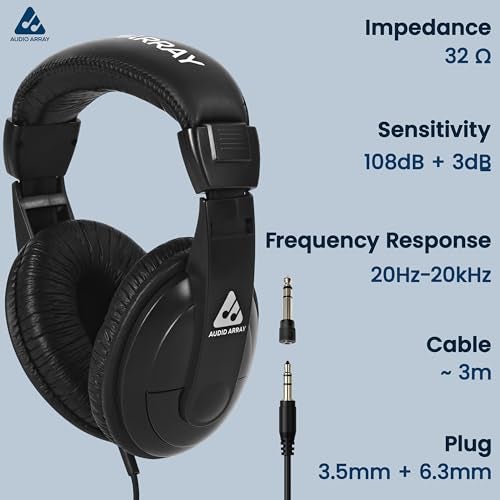 Audio Array AH-45-BK Studio Monitoring & Live Recording Headphones | 20-20KHz, 32 Ω, 100dB SPL | 40mm Depp Bass Closed-Back Driver | 3m OFC Cable | 3.5mm + 6.3mm Adapter (Black) - Image 4