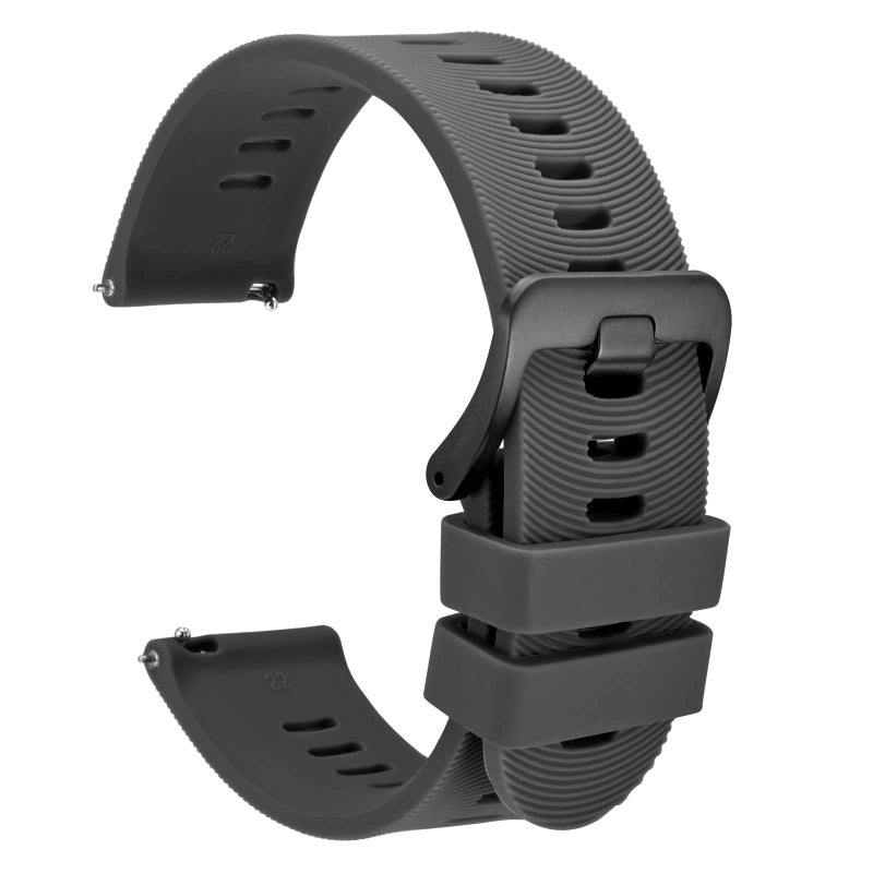 WOCCI 22mm Arched Stripes Silicone Watch Band, Quick Release Strap, Black Buckle (Dark Gray) - Image 1