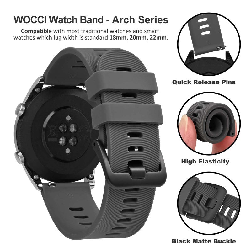 WOCCI 22mm Arched Stripes Silicone Watch Band, Quick Release Strap, Black Buckle (Dark Gray) - Image 3