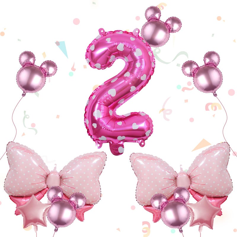 Kaemi 10Pcs Mini Mouse Balloons Pink Huge Bow Birthday Number Balloons Set Aluminum Foil Balloons for Baby Shower 2nd Birthday Party Decorations - Image 2