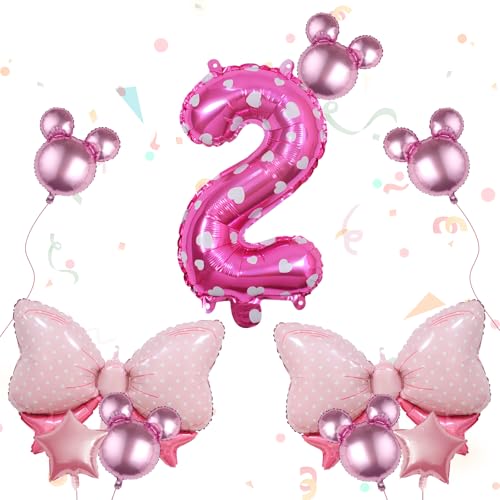 Kaemi 10Pcs Mini Mouse Balloons Pink Huge Bow Birthday Number Balloons Set Aluminum Foil Balloons for Baby Shower 2nd Birthday Party Decorations - Image 1