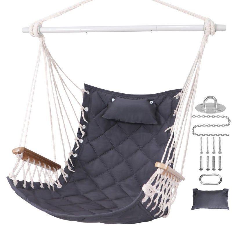 ROOITY Hammock Chair Hanging Swing with Wooden Armrests;Steel Spreader Bar,Pillows,Hardware kit Included;Cotton Woven Fabric;Up to 350 Lbs,for Indoor or Outdoor - Image 1