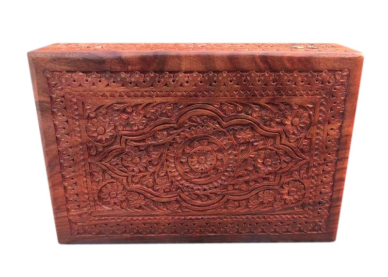 CRAFTCASTLE Handmade Sheesham Wooden Storage Box | Hand Carved Jewelry Box with Velvet Lining | Decorative Gift Box for Home & Office | 12 x 8 x 3.5 Inches (Floral Medallion Center Design) - Image 5