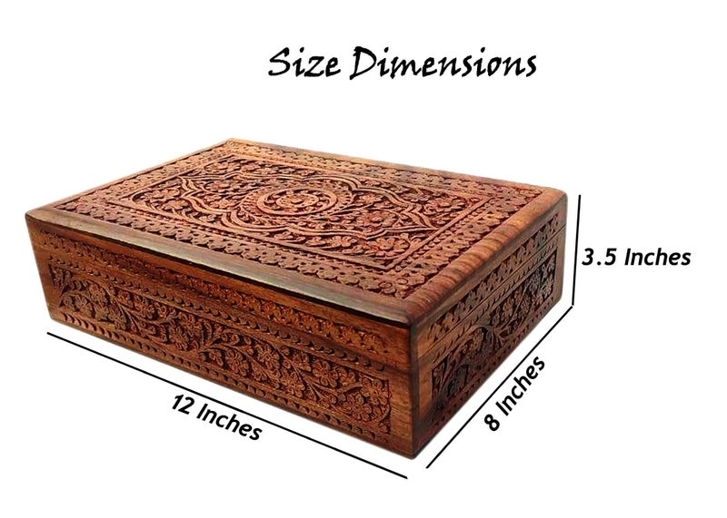 CRAFTCASTLE Handmade Sheesham Wooden Storage Box | Hand Carved Jewelry Box with Velvet Lining | Decorative Gift Box for Home & Office | 12 x 8 x 3.5 Inches (Floral Medallion Center Design) - Image 3