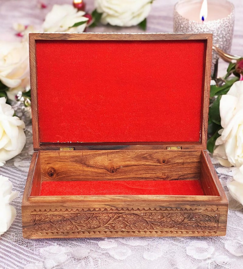 CRAFTCASTLE Handmade Sheesham Wooden Storage Box | Hand Carved Jewelry Box with Velvet Lining | Decorative Gift Box for Home & Office | 12 x 8 x 3.5 Inches (Floral Medallion Center Design) - Image 4