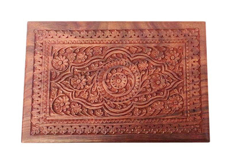 CRAFTCASTLE Handmade Sheesham Wooden Storage Box | Hand Carved Jewelry Box with Velvet Lining | Decorative Gift Box for Home & Office | 12 x 8 x 3.5 Inches (Floral Medallion Center Design) - Image 2