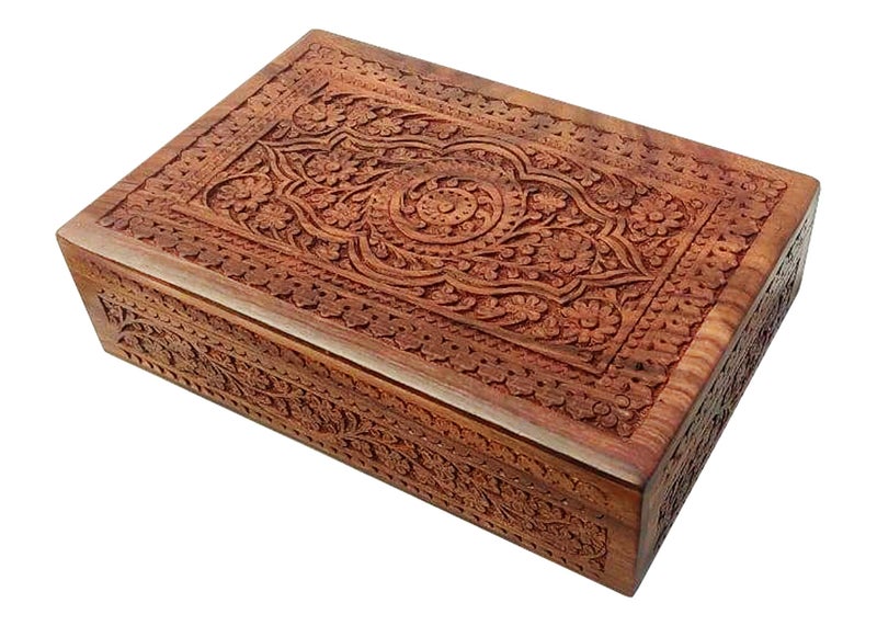 CRAFTCASTLE Handmade Sheesham Wooden Storage Box | Hand Carved Jewelry Box with Velvet Lining | Decorative Gift Box for Home & Office | 12 x 8 x 3.5 Inches (Floral Medallion Center Design) - Image 1