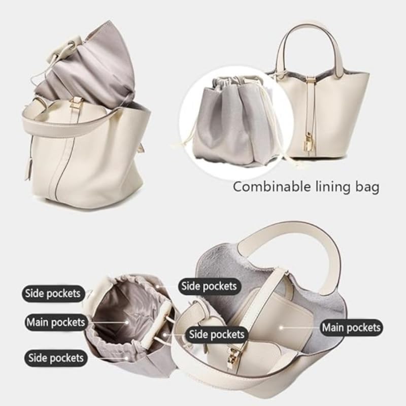 Pmuul Genuine Cow Hide Leather Bucket Bag for Women with Functional Lock, Classic Designer Inspired Top-Handle Handbag, Small Hand-Carry Tote Purse (Grey) - Image 4