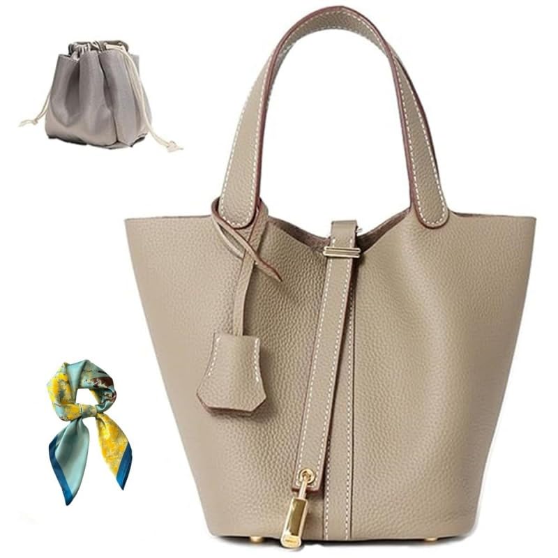 Pmuul Genuine Cow Hide Leather Bucket Bag for Women with Functional Lock, Classic Designer Inspired Top-Handle Handbag, Small Hand-Carry Tote Purse (Grey) - Image 1