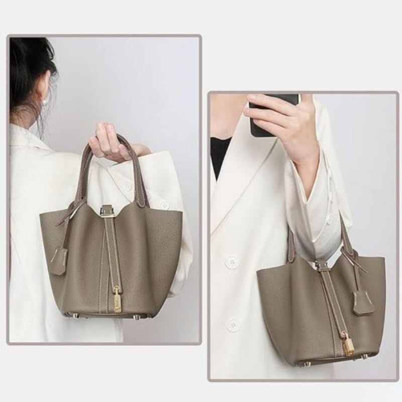 Pmuul Genuine Cow Hide Leather Bucket Bag for Women with Functional Lock, Classic Designer Inspired Top-Handle Handbag, Small Hand-Carry Tote Purse (Grey) - Image 2