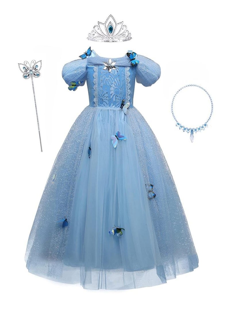 Sweet seven Girls Princess Blue Dress Costume with Free Accessories - Birthday Party Cosplay Outfit for Kids (90-130cm, 5-6 Years)  - Image 1