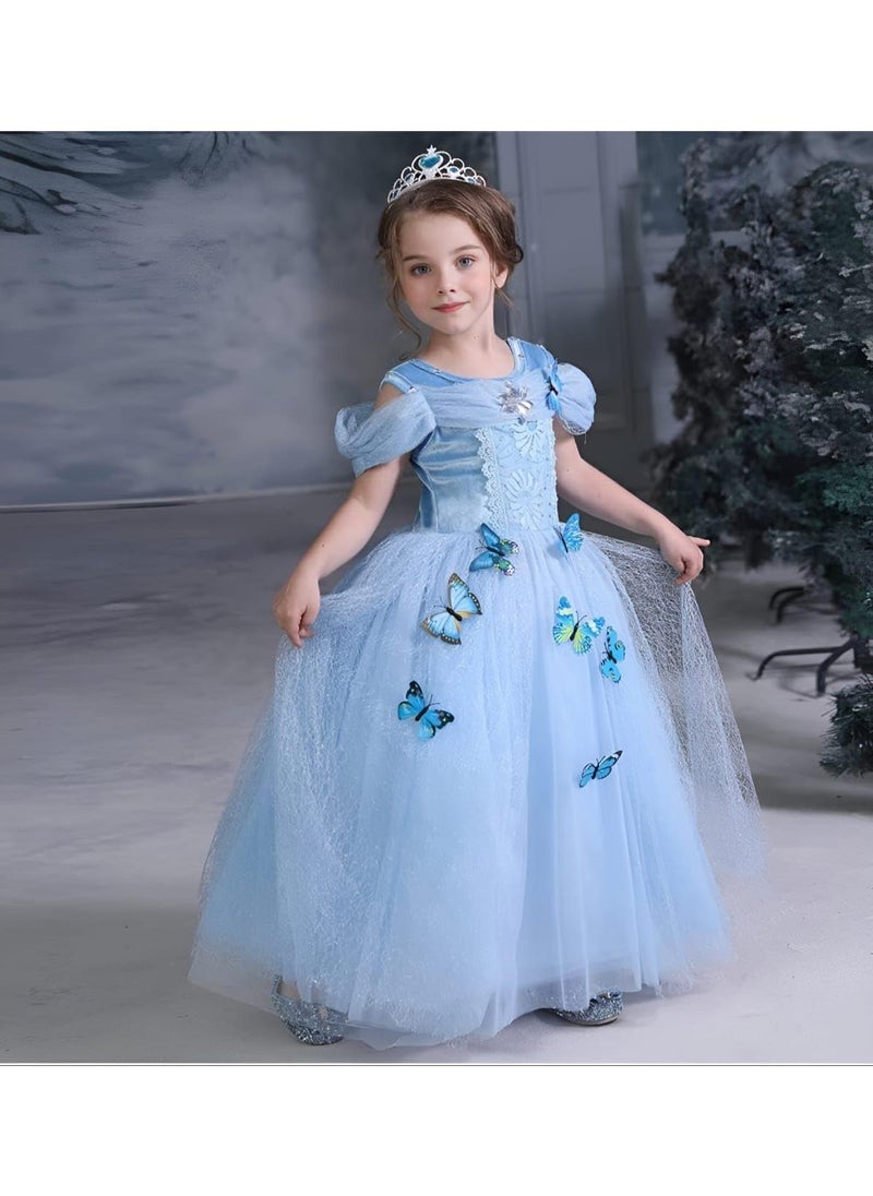 Sweet seven Girls Princess Blue Dress Costume with Free Accessories - Birthday Party Cosplay Outfit for Kids (90-130cm, 5-6 Years)  - Image 2