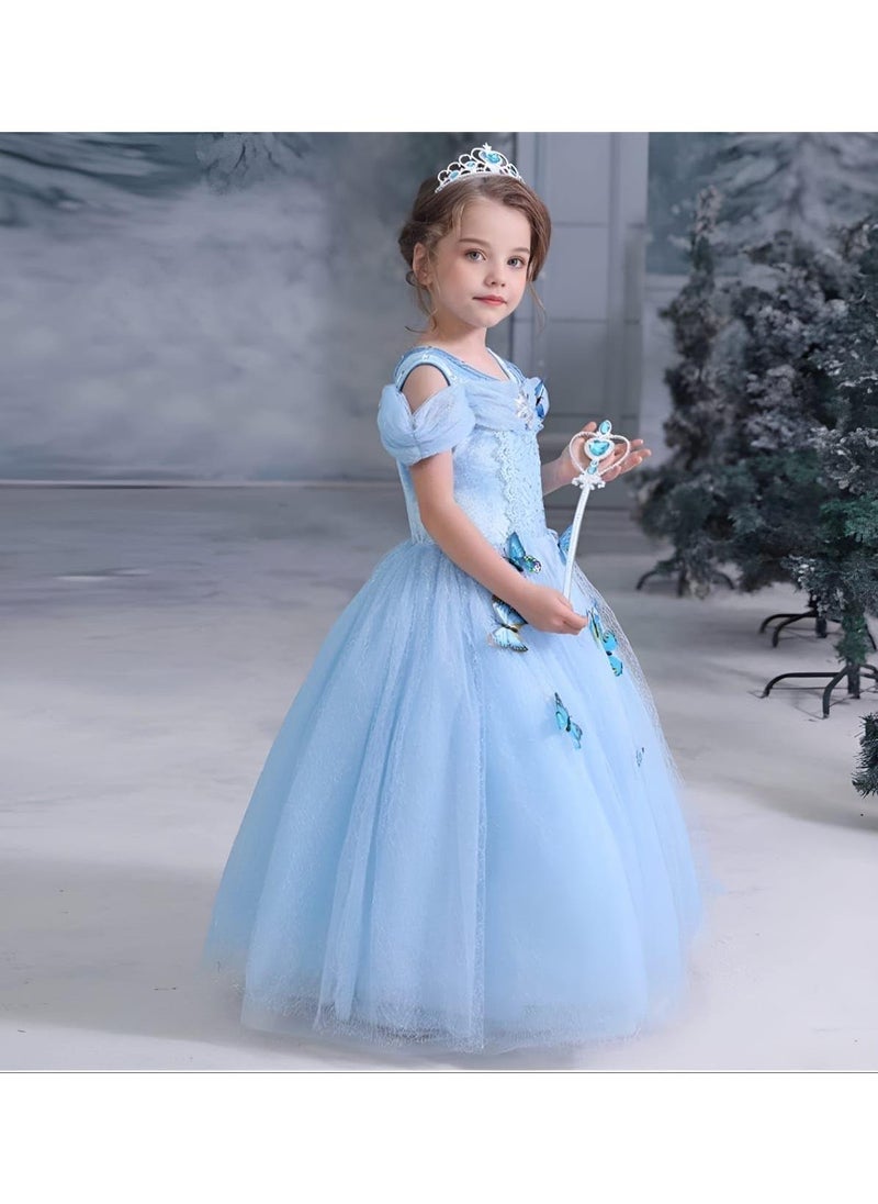 Sweet seven Girls Princess Blue Dress Costume with Free Accessories - Birthday Party Cosplay Outfit for Kids (90-130cm, 5-6 Years)  - Image 4