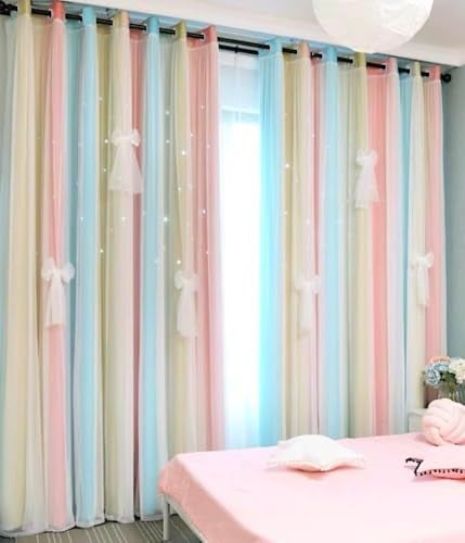Yancorp Curtains for Girls Bedroom Kids Room Rainbow Curtains Nursery Curtain 63 inches Length Grommet Rainbow Color Decor for Playroom (Baby Pink Blue, W52 X L63) - Image 1
