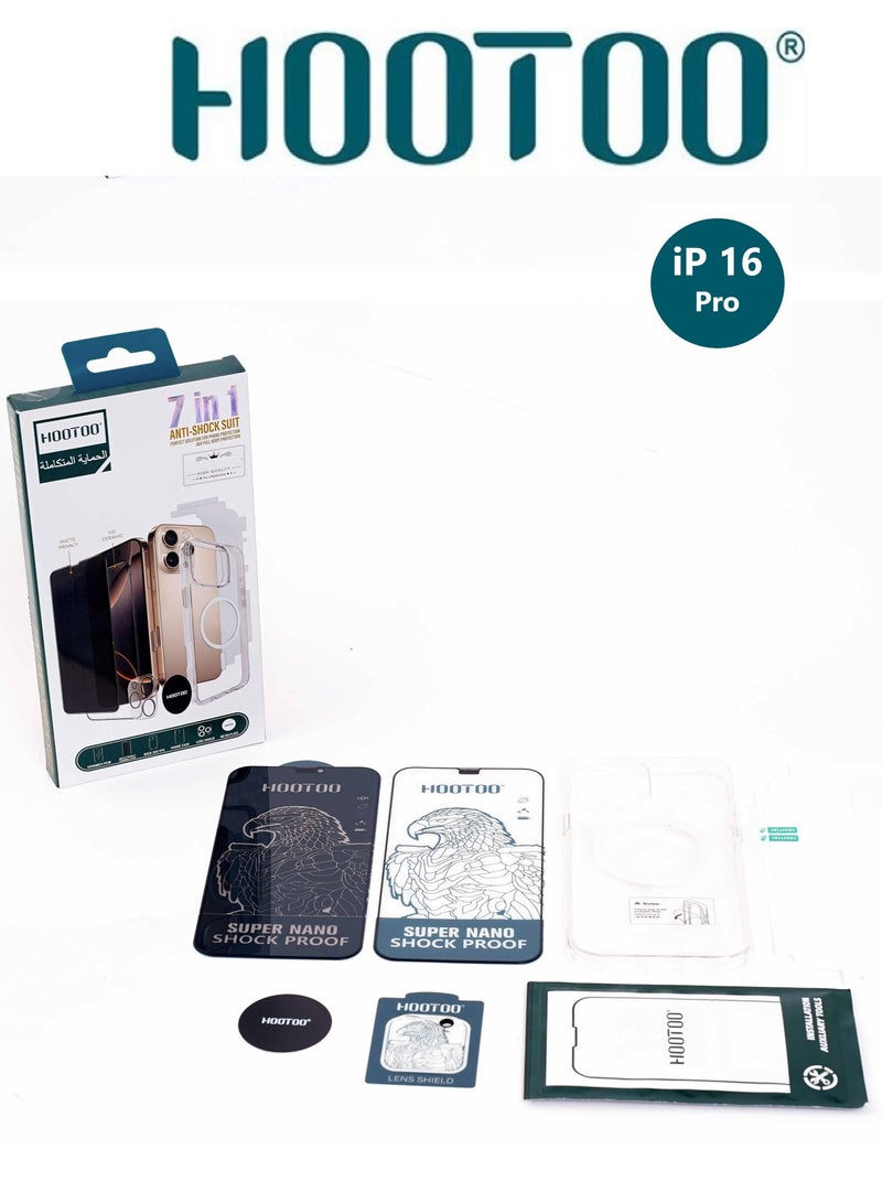 هوتو بكج حماية 7-في-1 ل ايفون 16برو، مجموعة حماية مكونة من 7 قطع تشمل 2 حماية شاشة امامية (لقافة خصوصية + حماية HD عالية الوضوح) +كفر حماية شفاف متين ضد الصدمات يدعم الشحن اللاسلكي+ حماية حرارية خلفية لجسم الجهاز+ عدسات حماية الكاميرات+ قطعة تثبيت + ادوات تركيب - Image 1
