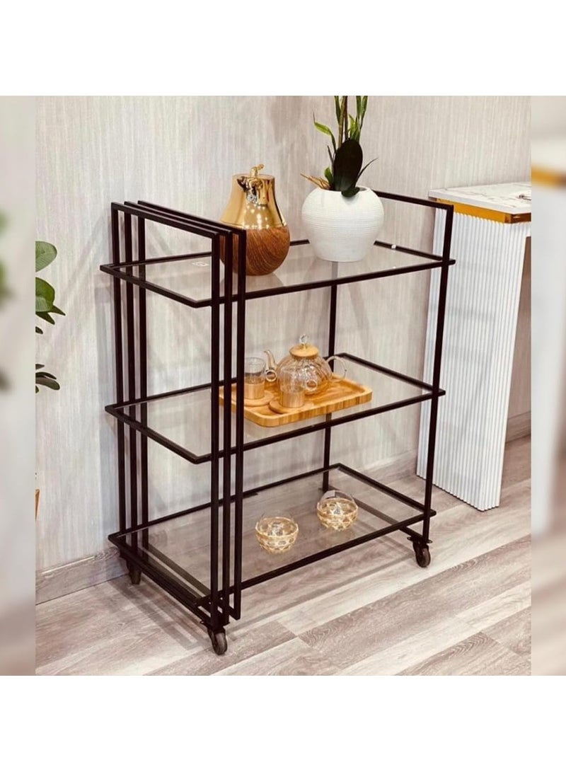 لينجوي عربة تقديم طعام معدنية مع رف زجاجي أسود 100x40x90 سم  - Image 1