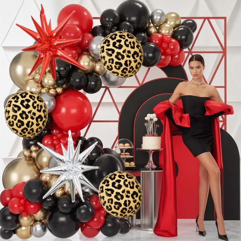 Paeyeq Red Black Gold Balloon Arch Garland Kit Leopard Cheetah Print Party Balloons Black Red Metallic Silver Gold Explosion Star Balloon for Girl Night Bachelorette New Year Casino Birthday Party Decoration - Image 4