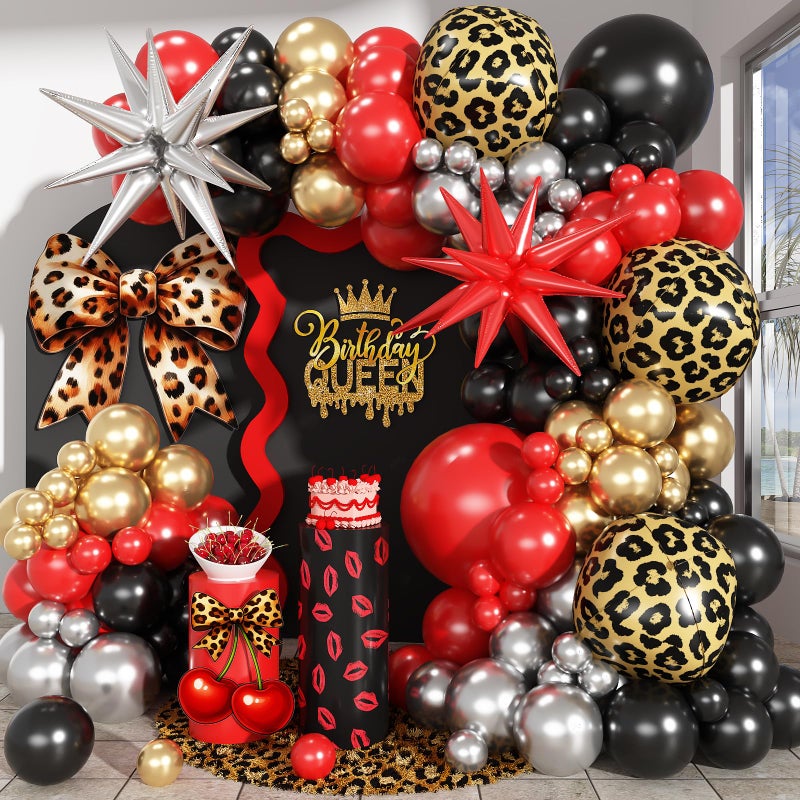 Paeyeq Red Black Gold Balloon Arch Garland Kit Leopard Cheetah Print Party Balloons Black Red Metallic Silver Gold Explosion Star Balloon for Girl Night Bachelorette New Year Casino Birthday Party Decoration - Image 1
