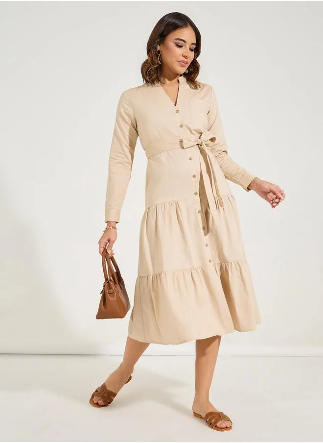 Styli Solid Shirt Midi Dress with Tie Belt