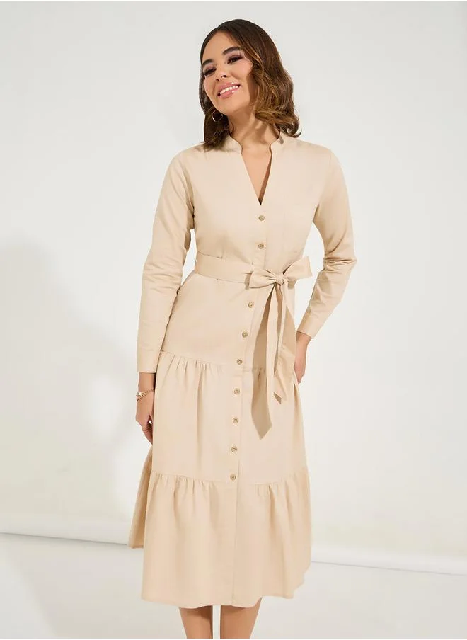 Styli Solid Shirt Midi Dress with Tie Belt