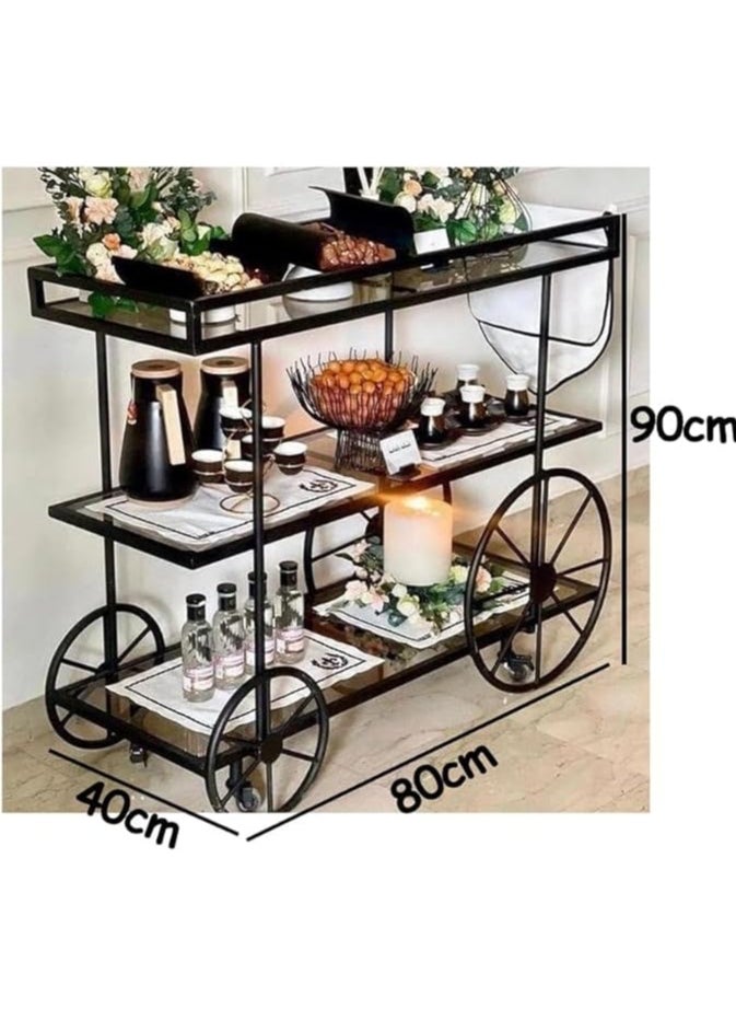 HOME TASTE 3Tier Metal Serving Trolley With Lockable Wheels – Sophisticated Bar Cart For Home, Kitchen, Restaurant, And Hospitality – Stylish 1.3” Thick Metal Frame Style 2, Small 80X40X90Cm  - Image 2