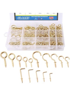 Glarks Glarks 213-Pieces Brass Plated Screw Eyes & Screw-in Ceiling Cups Hooks & Square Bend Hooks Assortment Set Kit for Hanging  - Image 1