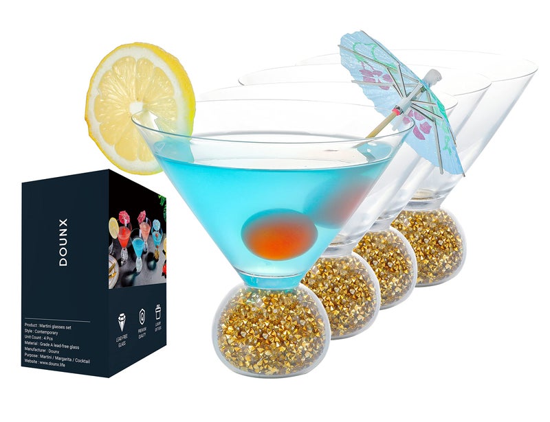 Dounx Dounx Stemless Martini Glasses Set of 4 8oz Cocktail Glass with Ball Base Filled with Golden Crushed Diamonds Perfect for Martini Margarita Manhattan Cosmopolitan 