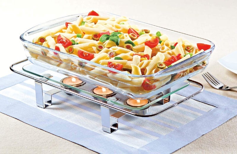 NEWLINE NY ساخن أطباق زجاجي مطلي بالكروم من نيو لاين نيويورك، طبق زجاجي مستطيل مع 3 فتحات لشموع الشاي، سخان طعام فاخر - Image 4