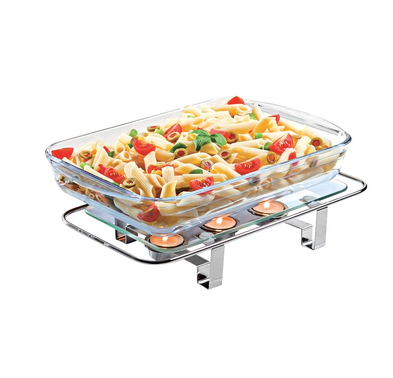 NEWLINE NY ساخن أطباق زجاجي مطلي بالكروم من نيو لاين نيويورك، طبق زجاجي مستطيل مع 3 فتحات لشموع الشاي، سخان طعام فاخر - Image 3