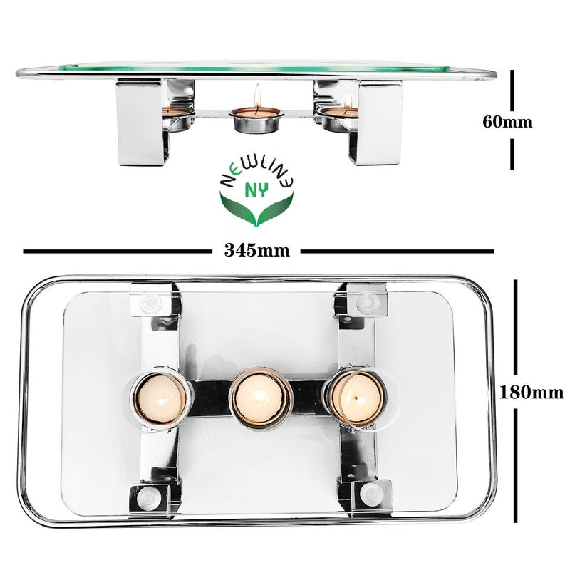 NEWLINE NY ساخن أطباق زجاجي مطلي بالكروم من نيو لاين نيويورك، طبق زجاجي مستطيل مع 3 فتحات لشموع الشاي، سخان طعام فاخر - Image 2