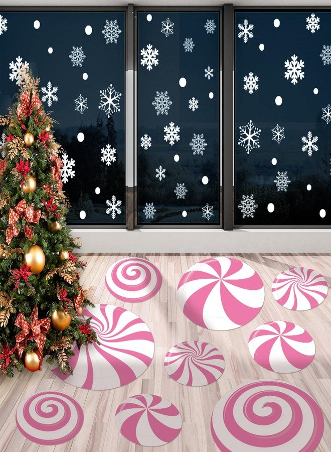 Whaline 108 Pcs Christmas Peppermint Floor Decals Sticker Decoration Pink Candy Snowflake Wall Floor Window Clings for Xmas Winter Holiday Party Decor - Image 1