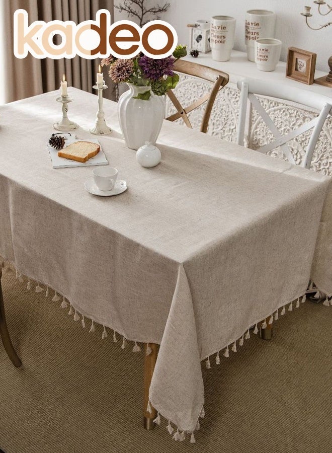 kadeo Tablecloth with Tassel , Washable Cotton Linen Table Cover, Dust-Proof Table Decoration for Family Holiday Dinners Weddings Parties and Banquets 140*200CM - Image 1