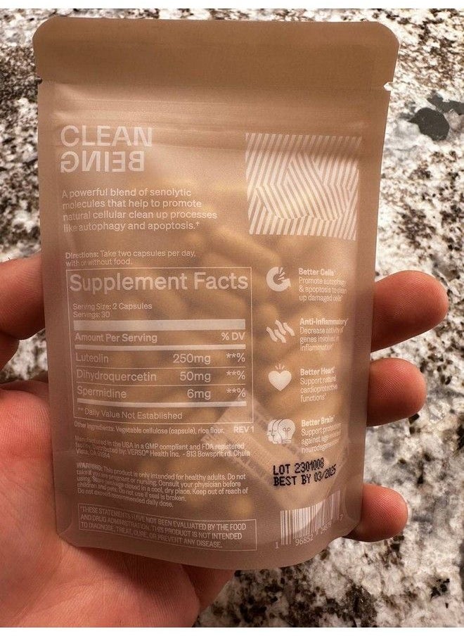 Verso - Clean Being Spermidine Dietary Supplement Capsules For Natural Cellular Clean Up Luteolin And Dihydroquercetin Vegan Senolytic Molecules Supplements For Healthy Aging (1Pack=60 Capsule) - Image 1