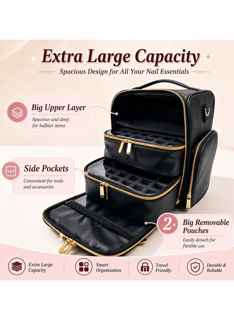 PU Leather Nail Storage Bag With Light Detachable Pouch Large Capacity 48 Bottles Travel Manicure Case - Image 2
