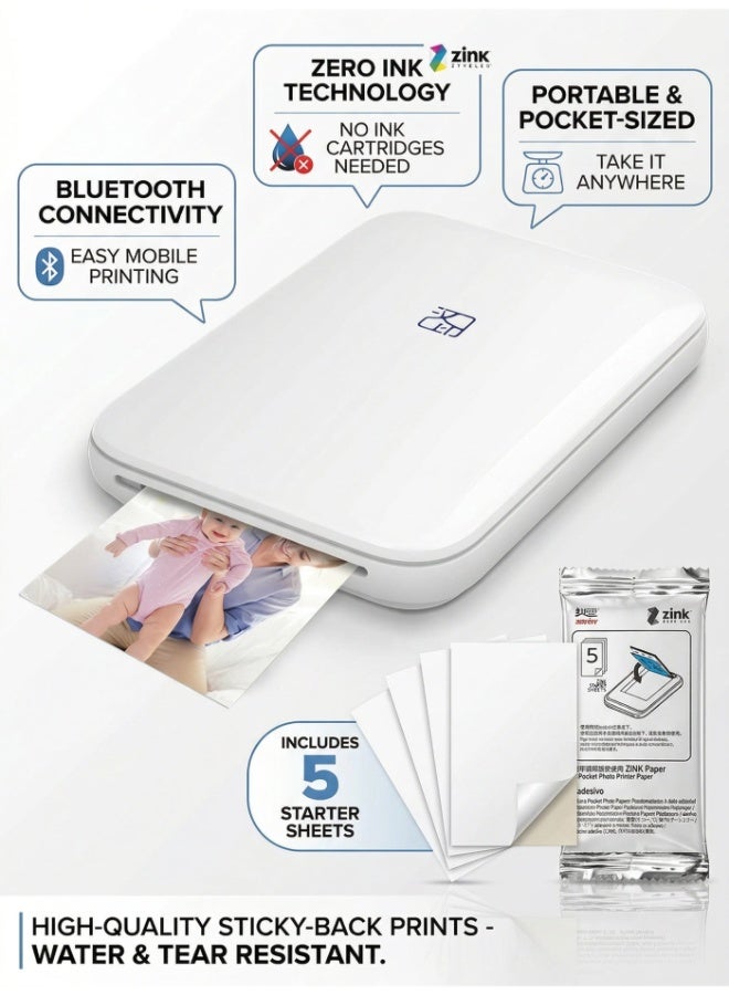 HPRT Portable Photo 300dpi Pocket Mini AR Printer with DIY Sharing Function, 550mAh, Zinc Paper Printer, White (with 5 Photo Papers) - Image 1