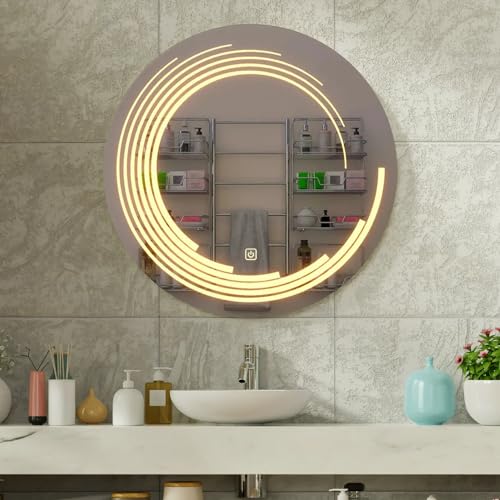 Quality Glass Bathroom LED Mirror with Touch Sensor, 3 Light Effects, Glass, Round LED-56 (18 x 18 Inch) - Image 1