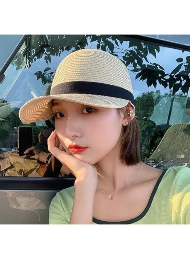 قبعة الشمس للمرأة,قبعات الصيف للنساء,قابلة للطي فلوبي لون صلب القش قبعة الشمس,قبعة البيسبول السفر على الشاطئ - Image 2