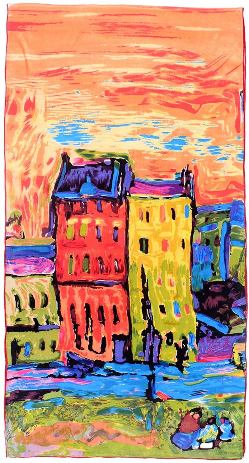 Salutto Women 100% Silk Scarves Van Gogh Painted Red House Scarf - Image 3