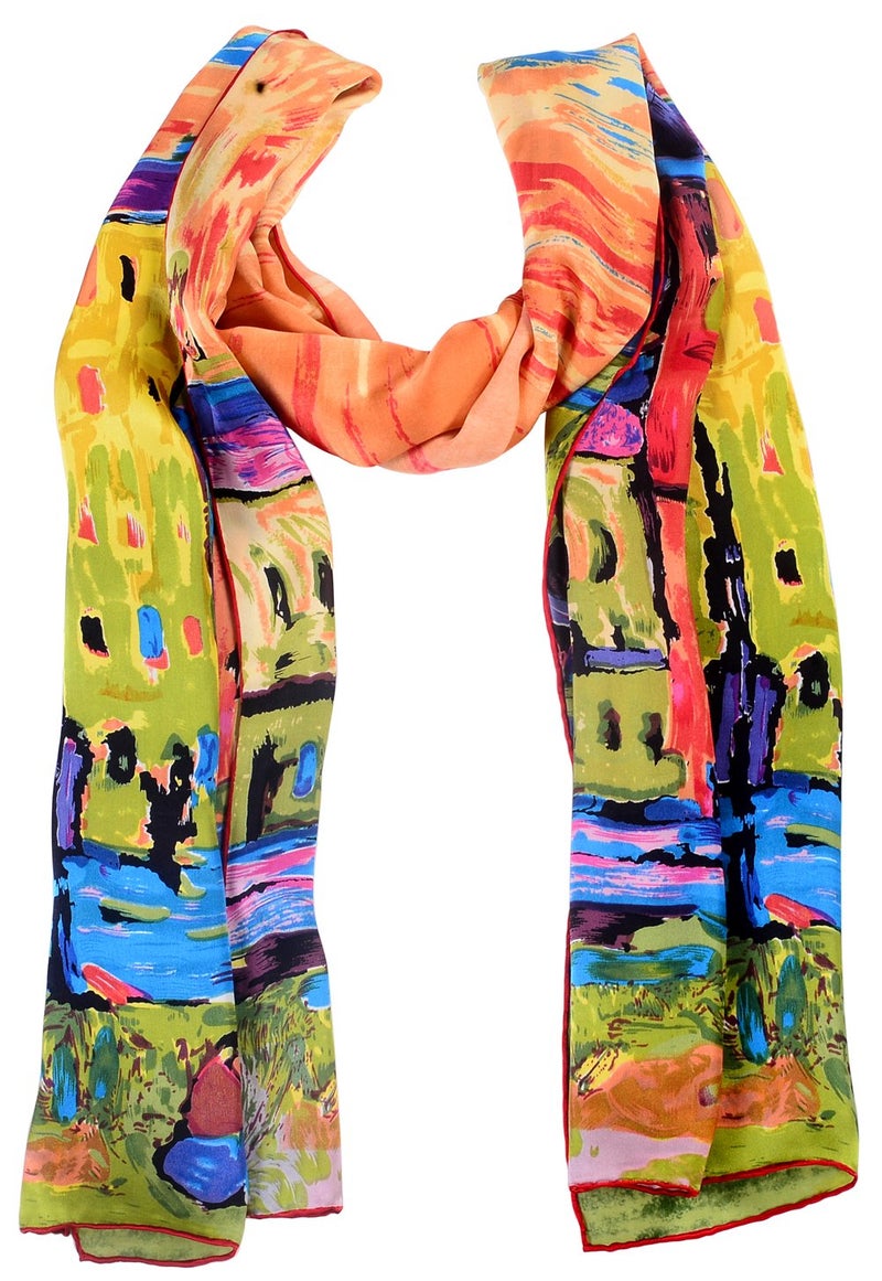 Salutto Women 100% Silk Scarves Van Gogh Painted Red House Scarf - Image 2