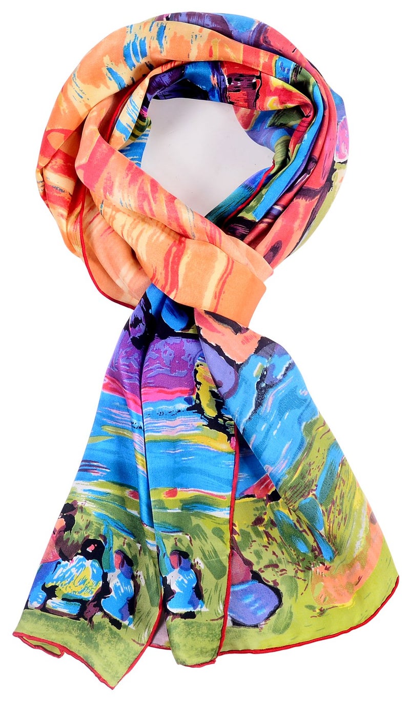Salutto Women 100% Silk Scarves Van Gogh Painted Red House Scarf - Image 1