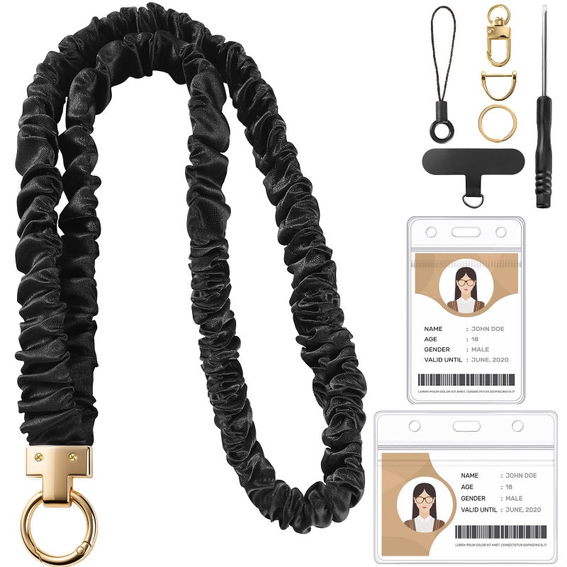 Prudiut Scrunchie Lanyard for Id Badges, Retractable Teacher Lanyards Black Stretchy Scrunchie Lanyard with Id Holder for Women - Image 1