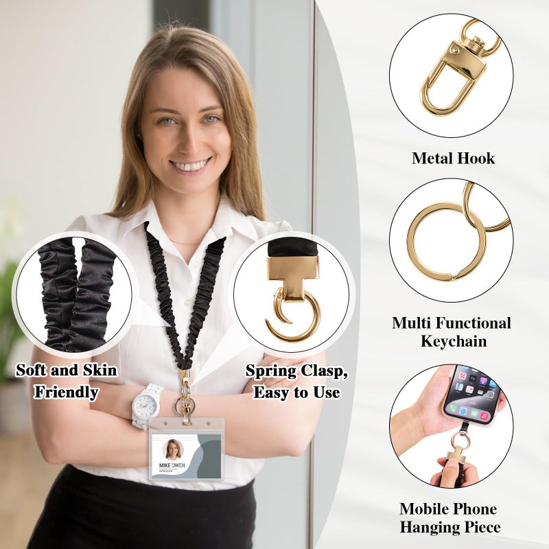 Prudiut Scrunchie Lanyard for Id Badges, Retractable Teacher Lanyards Black Stretchy Scrunchie Lanyard with Id Holder for Women - Image 3