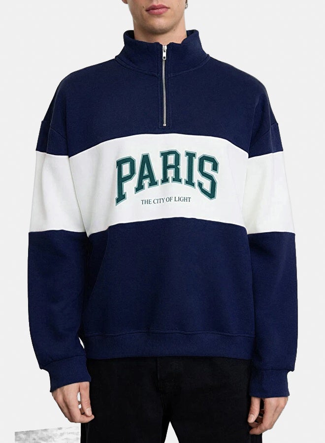 trendyol Navy Blue Oversize/Wide Cut City Printed Color Block Stand Collar Zippered Sweatshirt - Image 2