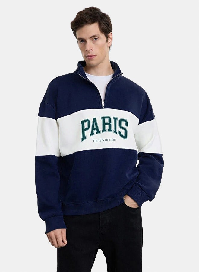 trendyol Navy Blue Oversize/Wide Cut City Printed Color Block Stand Collar Zippered Sweatshirt - Image 1