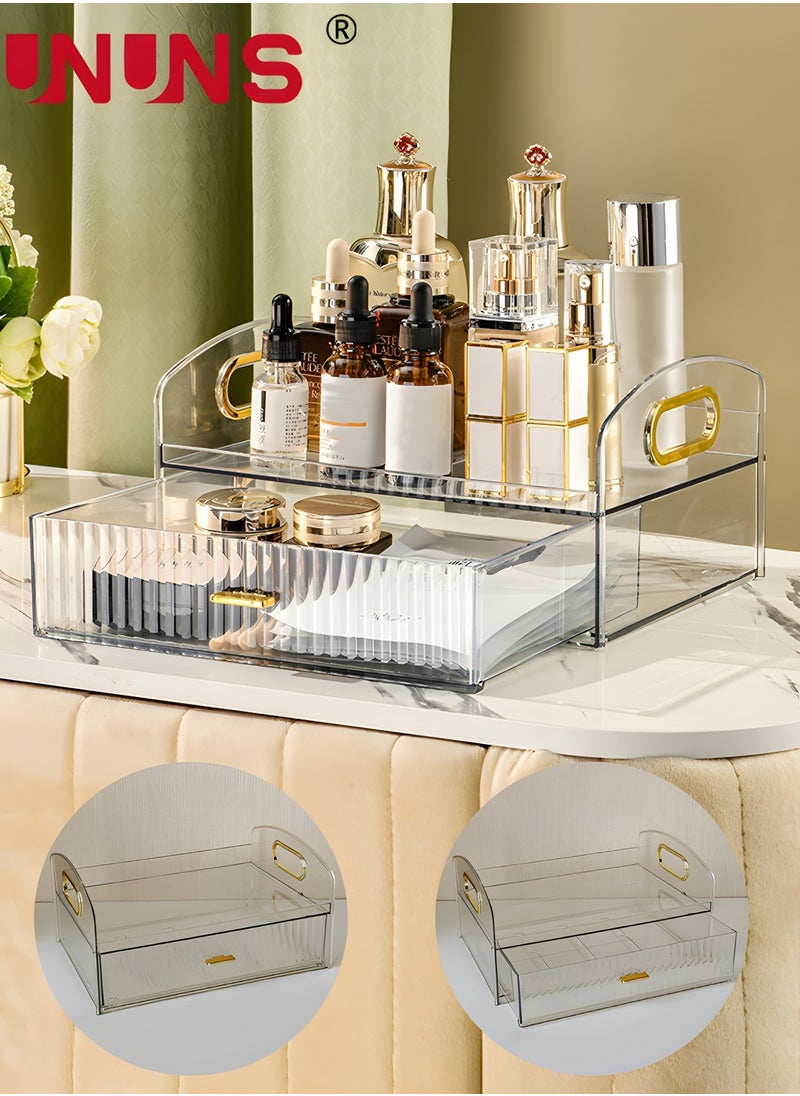 UNUNS Desk Organizer Box With Drawer,Vanity Tray Storage Tray,Desk Organizer Tray For Makeup Brush Cosmetics Skincare Lipsticks Lotions,Great For Home Office Bathroom Bedroom Desktop Clean And Tidy-Clear  - Image 1