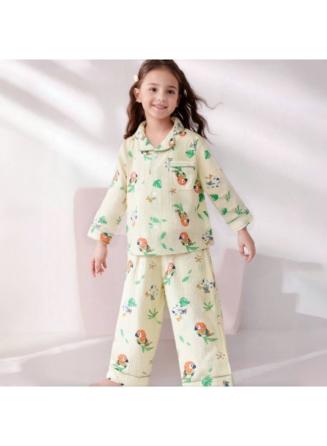 Children's Pajamas Boys Spring and Autumn Cotton Gauze Thin Girls' Children's Long-sleeved Set Baby Air-conditioned Loungewear - Image 1