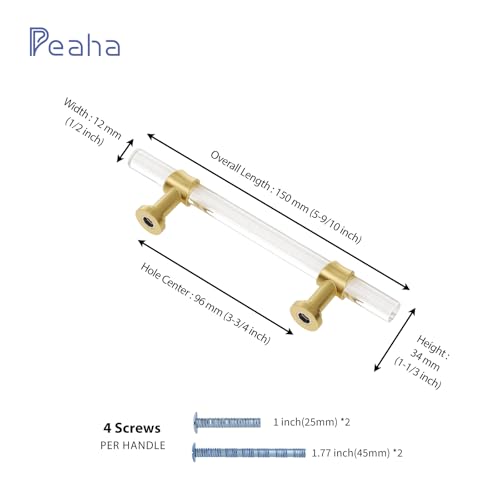 Peaha 10 Pack 3-3/4 Inch Acrylic Cabinet Pulls Gold Drawer Handles Brushed Brass Hardware Zinc Alloy for Dresser Cupboard Kitchen - Image 2